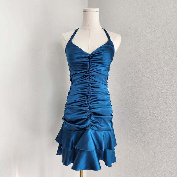 Jessica McClintock Y2K Teal Satin Halter Ruffle Drop Waist Mini Homecoming Dress - Picture 1 of 10